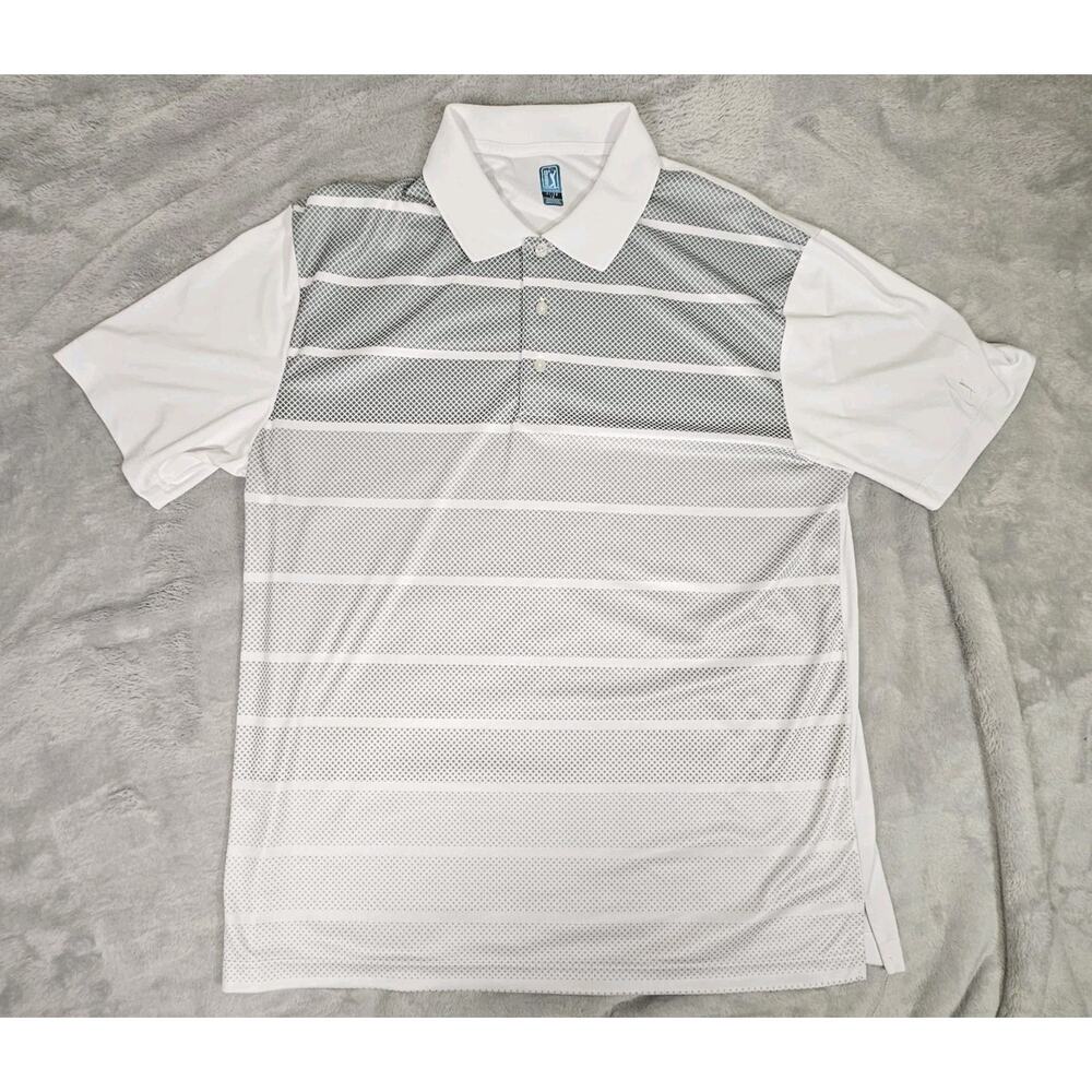 PGA Tour Golf Polo Shirt Mens XL White Gray Striped Performance Short Sleeve